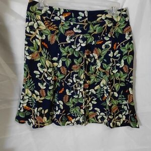 LOFT Navy Floral Skater Skirt with Green Leaves & Cream Blooms